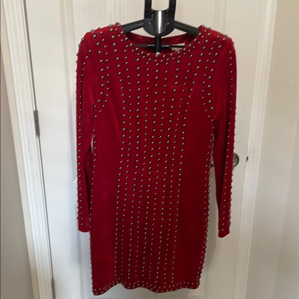 Red soft suede Silver Embellished Bodycon Dress